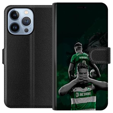 Kompatibel Tegnebogsetui til Apple iPhone 13 Pro Neonmotiv med teksten "Gaming er i mit DNA" på en blå og rød murvæg med en lysende DNA-spiral.