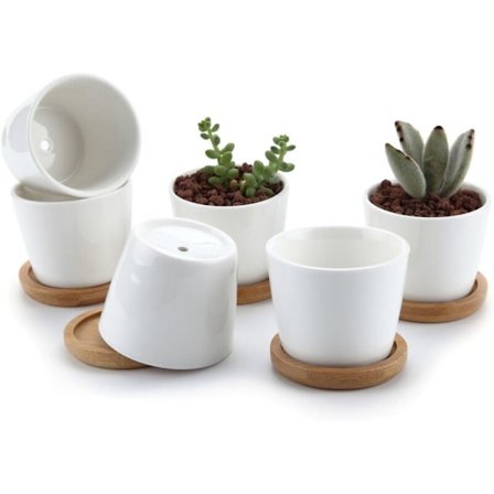6,5 cm sukkulentkrukke i hvit keramikk med bambusbrett, sett med 6, kaktuspotte plantekasse cache jardinier inneholder gave til bryllup bursdag
