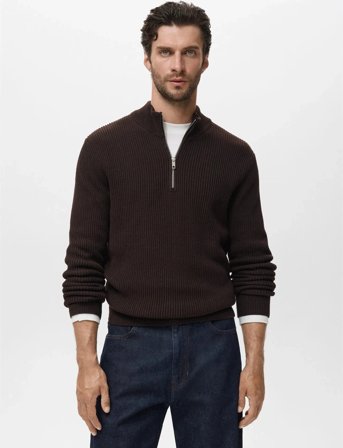 Mango 100% Cotton Perkins-Neck Sweater - Brown - XXL