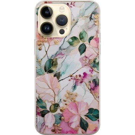Kompatibel Mobilcover til Apple iPhone 15 Pro Max Abstrakt marmormønster med blomster, blade og gyldne detaljer i bløde pastelfarver