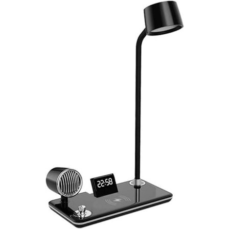 LED Skrivebordslampe med Trådløs Opladning, Bluetooth & Ur – Dæmpbar Natlampe Bordlampe med Touch_TF_TF