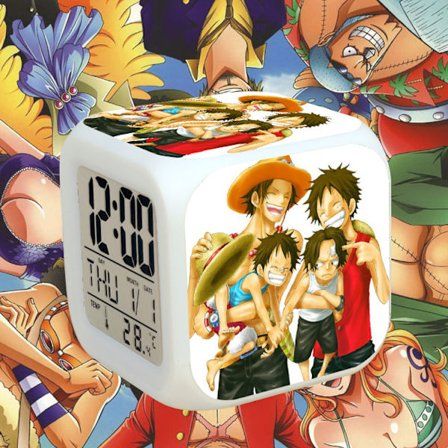 Anime Alarm Clock One Piece LED Kvadratklokke Digital Alarm Clock med Tid, Temperatur, Alarm, Dato
