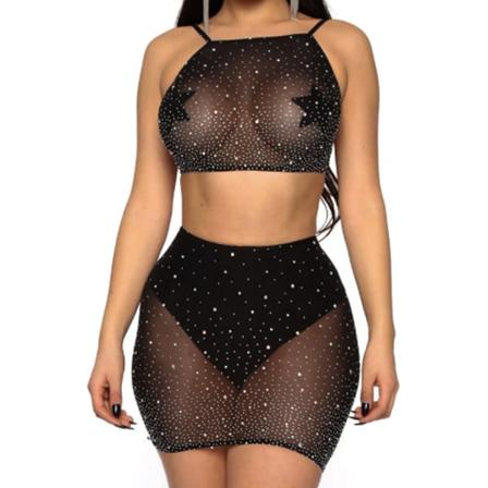 Dam Hollow Out Mesh 2st Set Skinnende for Rhinestone Halter Top Sexy Sheer Mini S