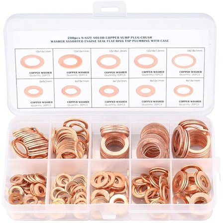 Kobber Metallskiver, Pakninger Tetningsring, Flate Skiver, O-ring med Boks for Tetting - 200 Stk/M5 M6 M8 M10 M12 M14