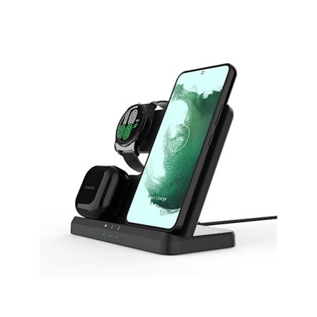 Q10 Trådlös Laddare 3-i-1 Trådlös Laddstation för iPhone/Galaxy/Hörlurar Svart