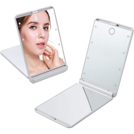 Bærbar LED-belyst sminke speil med 8 dimmbare LED-lys, berøringsskjerm reise sminke speil, sammenleggbart kompakt speil 1X & 2X forstørrelse