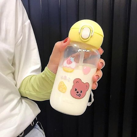 Kawaii Bjørn Glass Vannflaske Tegneserie Straw Cup Gul