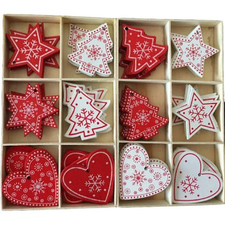 Sæt med 60 juletræspynt juletilbehør dekorative hvide røde trævedhæng dekoration til juletræ