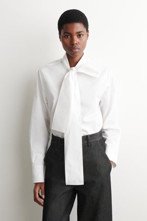 COS Damen Bluse Aus Baumwolle Mit Schleifendetail - Weiss