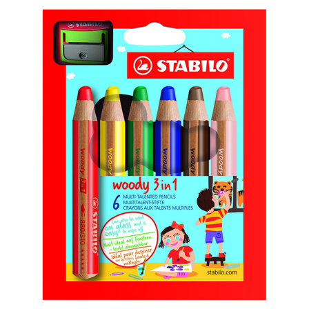 Stabilo Woody 3-in-1 Crayons de Couleur Lot de 6 + taille-crayon (+3 ans)