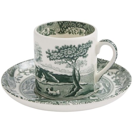 Spode Heritage Green Italian -espressokuppi + aluslautanen 9 cl, vihreä/valkoinen