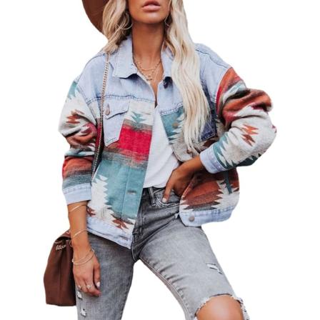arer Damjacka i Denim med Aztecmönster, Krage, Lång Ärm, Vintage, Knäppning Framtill, Blå, X-Large