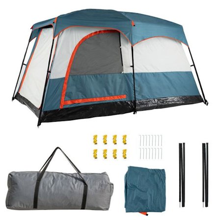 COSTWAY Familie Campingtelt 2 Stykker til 4-6 Personer - Dobbelt Tag - Vindafvisende Netvinduer - Blå Transporttaske