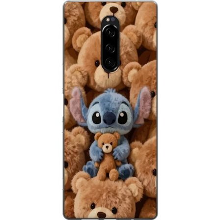 Kompatibelt Mobildeksel til Sony Xperia 1 Stitch omgitt av brune teddybjørner med en liten teddybjørn i fanget i en søt og koselig kawaii-design