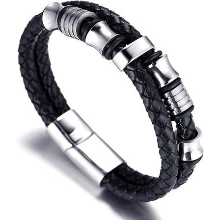 Herr Läderarmband Med Titanpärlor Silver Titanlås