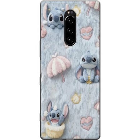 Kompatibel Mobilcover til Sony Xperia 1 Stitch mønster med hjerter, paraplyer og pastelfarvet blød baggrund