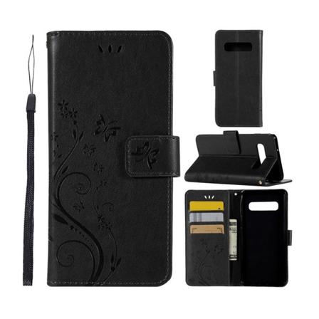 Samsung Galaxy S10 painettu Perhonen Kukka nahkainen flip suojakotelo - Musta Black