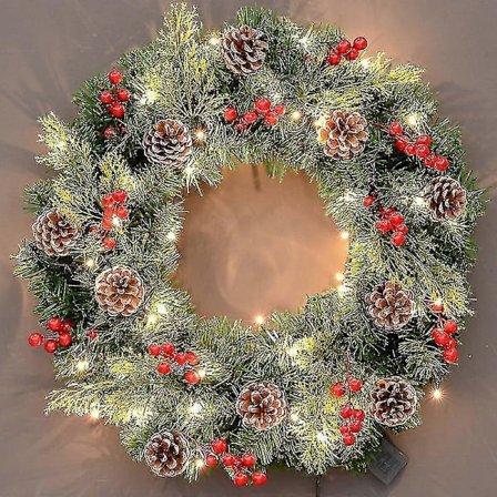Kunstig julekrans med belysning, flokket med blandede dekorasjoner og fortilkoblede hvite LED-lys-FF-