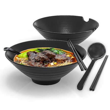 6-osainen Ramen Kulhosetti, 1000 ml täyttötilavuus - Perinteinen japanilainen posliinisetti syömäpuikoilla ja lusikalla mustana B(FMY)