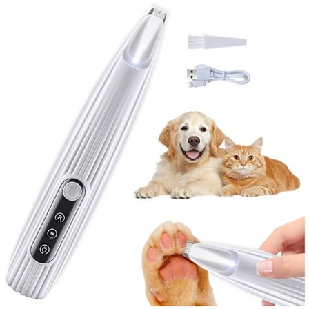 Klotrimmer til hunde - Lav støj, LED-lys, USB-genopladelig poteplejeklipper hvid