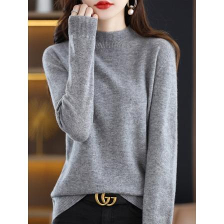 Dam flickor Stickad tröja Ulltröja med vanligt kärna garn halv turtleneck Gray L