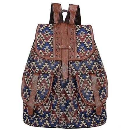 Etnisk stil retro mönster ryggsäck canvas damväska mode personlighet resor dragsko liten B color-2