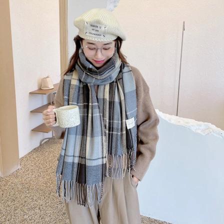Myk kasjmir-lignende rute for kvinner Høst Vinter Skjerf Teppe Wrap Sjal Stole Varmt Blue curry 55*175CM