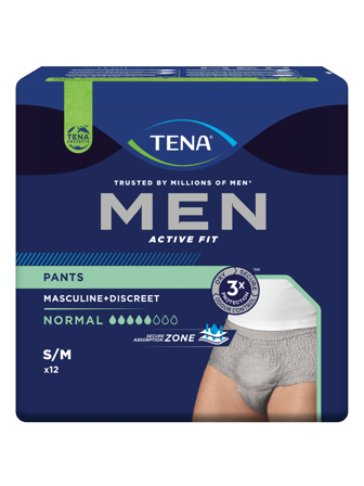 Tena MEN Pants Active Fit Normal, Small/Medium, grå, 12 stk.
