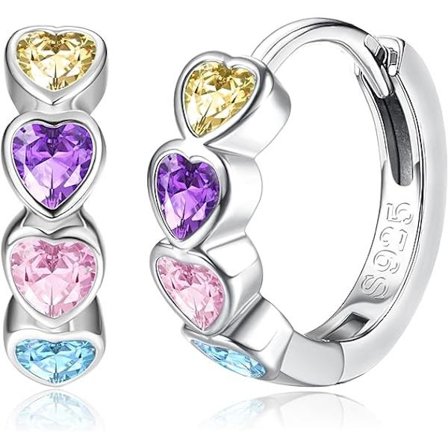 Små 925 Sterling Silver Hoop örhängen för kvinnor Barn Flickor Färg Cubic Zirconia Star Heart