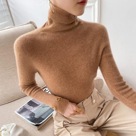 Kvinnor Stickat Höst Vinter Tröja Turtleneck Slim Fit Inner Wear Pullover Pile Krage Bottoming Golden camel XXL