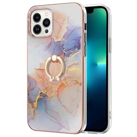 Marble Patterned Suojakuori With Ring Holder For iPhone 14 Pro Max - Milky Way Marble White