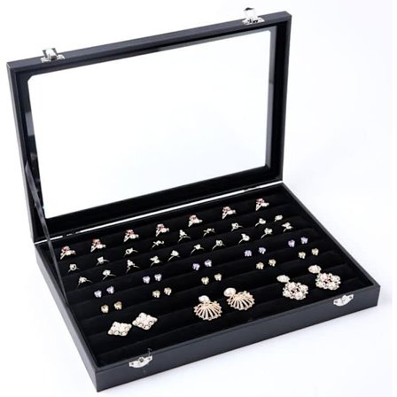 Svart smyckeskrin i sammet med glaslock - Smyckeskrin med klart glaslock för ringar, 35x24 cm