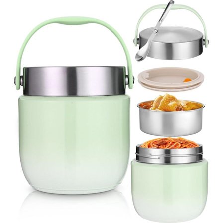 Madtermokande 1200 / 1500ml – Madkasse i rustfrit stål med låg, foldbar ske og opdelt design til supper, grød og is_OF