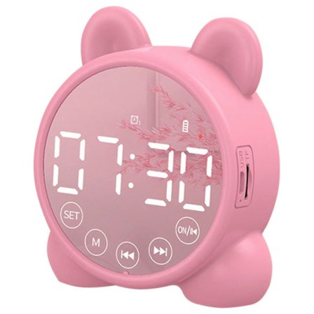 Barn Väckarklocka Bluetooth Högtalare Säng Väckarklocka, Spegel Digital Timer, Barn Sömntränare Rosa