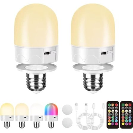 2 kpl USB-ladattavia LED-lamppuja kaukosäätimellä - E27 RGB-värinvaihto, himmennettävä (800LM), 3 tunnin ajastin, johdoton yövalo