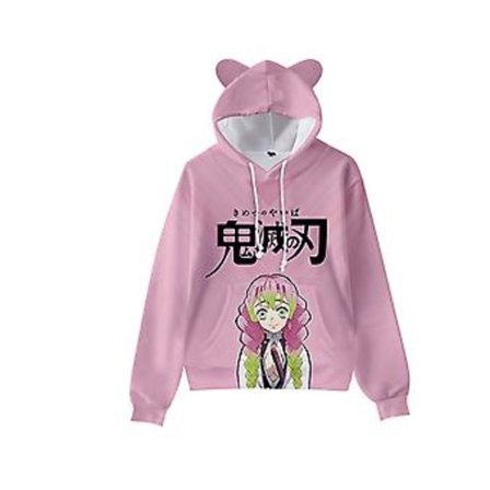 Japansk Anime Demon Slayer hettegenser, Unisex morsom 3D grafisk trykt hettegenser, tenåringer katteører hettegenser, genser for menn og kvinner (S C)