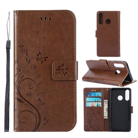 Huawei P30 Lite printti Perhonen Kukka nahkainen suojakotelo - Ruskea