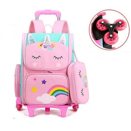 Skolryggsäck med Hjul Set Flickor Trolley Väska Skolryggsäck med Hjul