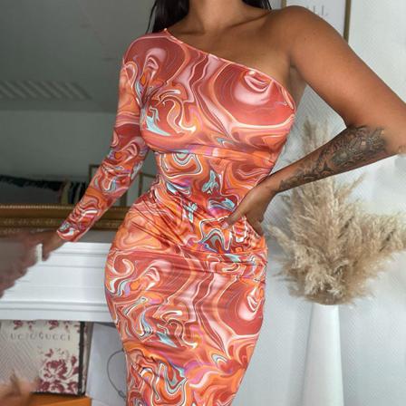 Tie Dye Print Midiklänning Dam Sommar Sexig One Shoulder Long Sl