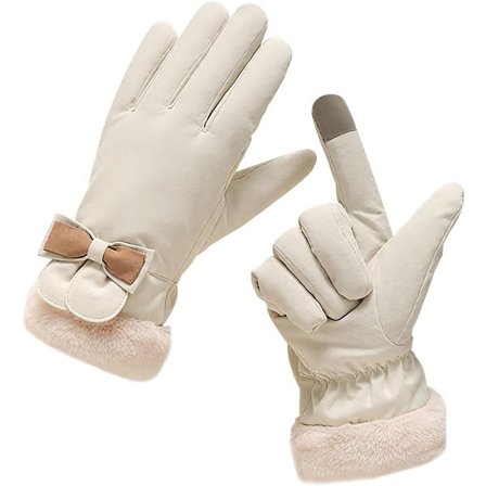 Varme vinterhansker for kvinner, vanntette vinterhansker, varme berøringsskjermhansker med søt sløyfe, plysjfôr, vindtette termiske hansker