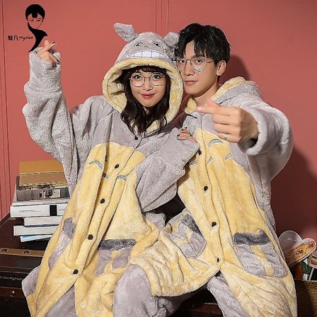 Gul Totoro Vinter Dobbelt Lag Tykkelse Nydelig Nattkjole Korall Fløyel Frakk Og Bukser(S)