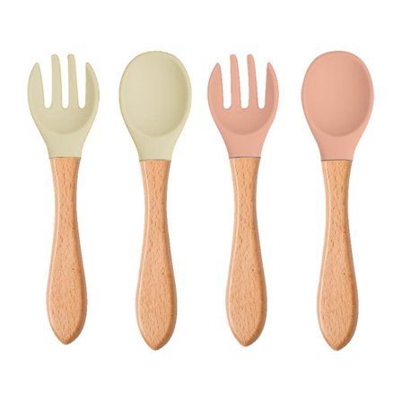 4 stk. Træskaft Silikone Ske Gaffel Baby Børn Gaffel Ske Silikone Gaffel Ske Langt Skaft Gaffel Ske