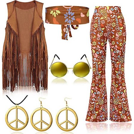 70-tals Hippie party retro kostym tofs väst+byxor+scarf kostym Newway Kamelfärg Kamelfärg