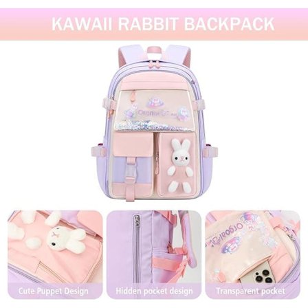 Skolerygsæk – Kawaii Kanin Design til Piger, Vandafvisende med Stor Kapacitet_TF_TF
