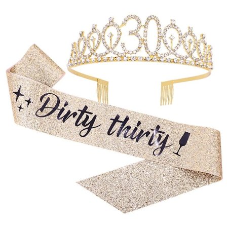 "Dirty Thirty" Skärp & Strass Tiara Set - 30-årsdagspresenter Födelsedagsskärp för kvinnor Roliga festpresenter Födelsedagsfesttillbehör