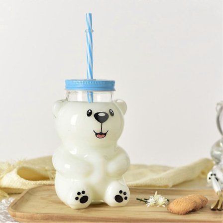 Kaffeglass med lokk og sugerør, søt bjørnestil, gjenbrukbar bobletekopp, stor og transparent for iskaffe