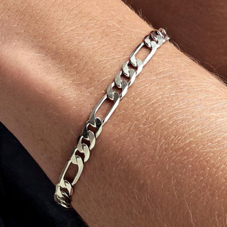 Argentia | 925s | Pulsera de cadena figaro de plata de ley chapada en rodio de 6 mm para hombres - Pulseras de acero