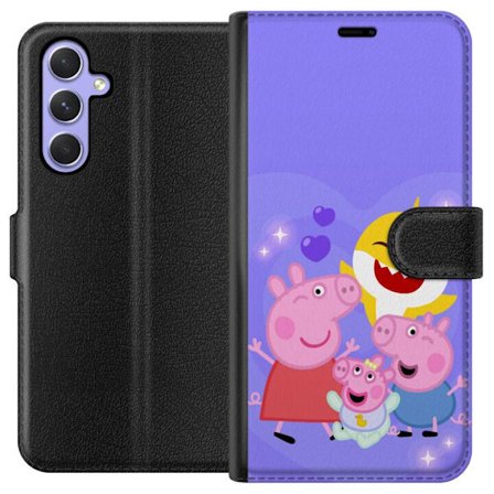 Kompatibel Tegnebogsetui til Samsung Galaxy A54 Peppa Gris mønster med hjerter, sommerfugle og venner, lyserød baggrund i bløde børneillustratione