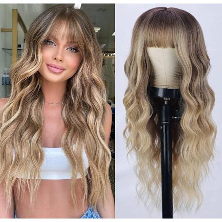 Pitkät kiharat peruukit otsatukalla, vaaleat peruukit, tummanruskeasta blondiin peruukkiin