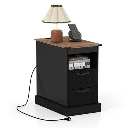 COSTWAY Nattduksbord 60 x 35,5 x 62 cm med Laddstation Öppen Hylla och 2 Lådor Svart